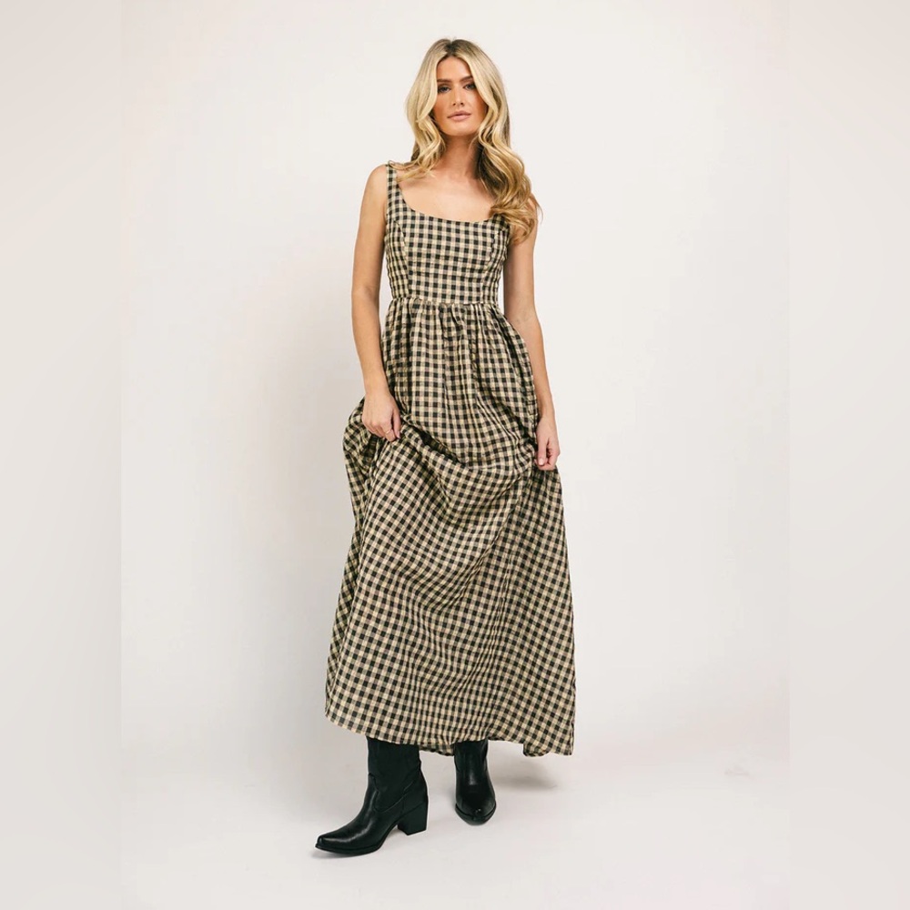 Maxi Gingham Square-Neck Dress in Black and Tan